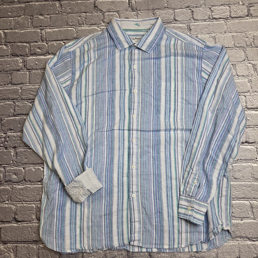 Tommy Bahama Shirt Mens XL Linen Relax Button Up Multicolor Vertical Striped